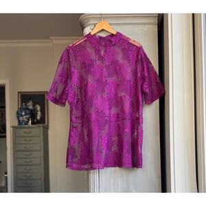 Ethereal Purple Lace Top Sz 22/24 Romantic Sheer Floral Mock Neck Fairy Blouse